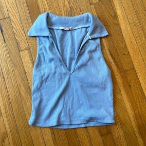 Baby Blue Collared Ribbed-Knit Cropped Top, Size Small